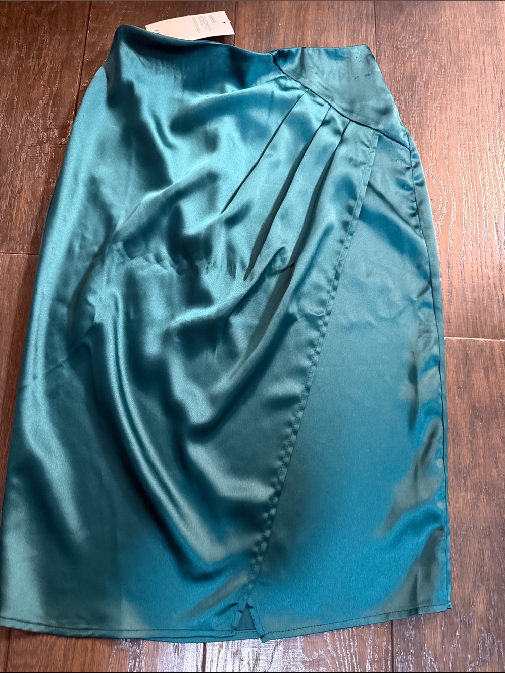 Teal Satin Pleated Pencil Skirt